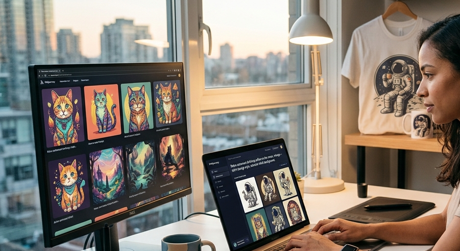 Woman working at a desk, viewing colorful cat-themed art on a desktop monitor and a laptop in a bright home office.